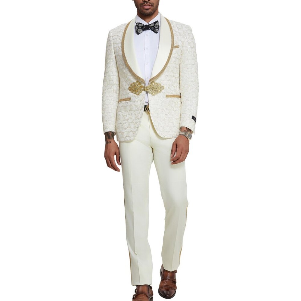 Ivory/Gold Paisley Shawl Lapel Gold Trim Skinny Fit Men's Suit